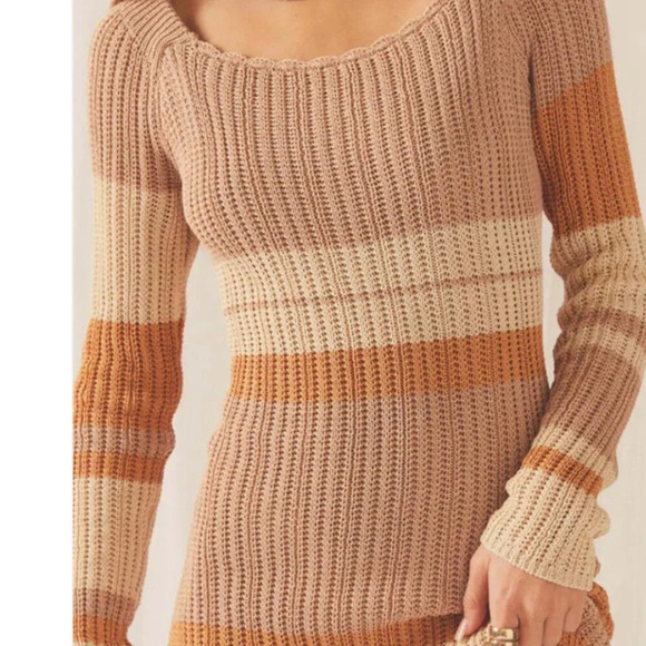 Peppermayo Scoop Neck Long  Sleeve Crochet Maxi Dress Striped Neutral Size M/L - Picture 3 of 8